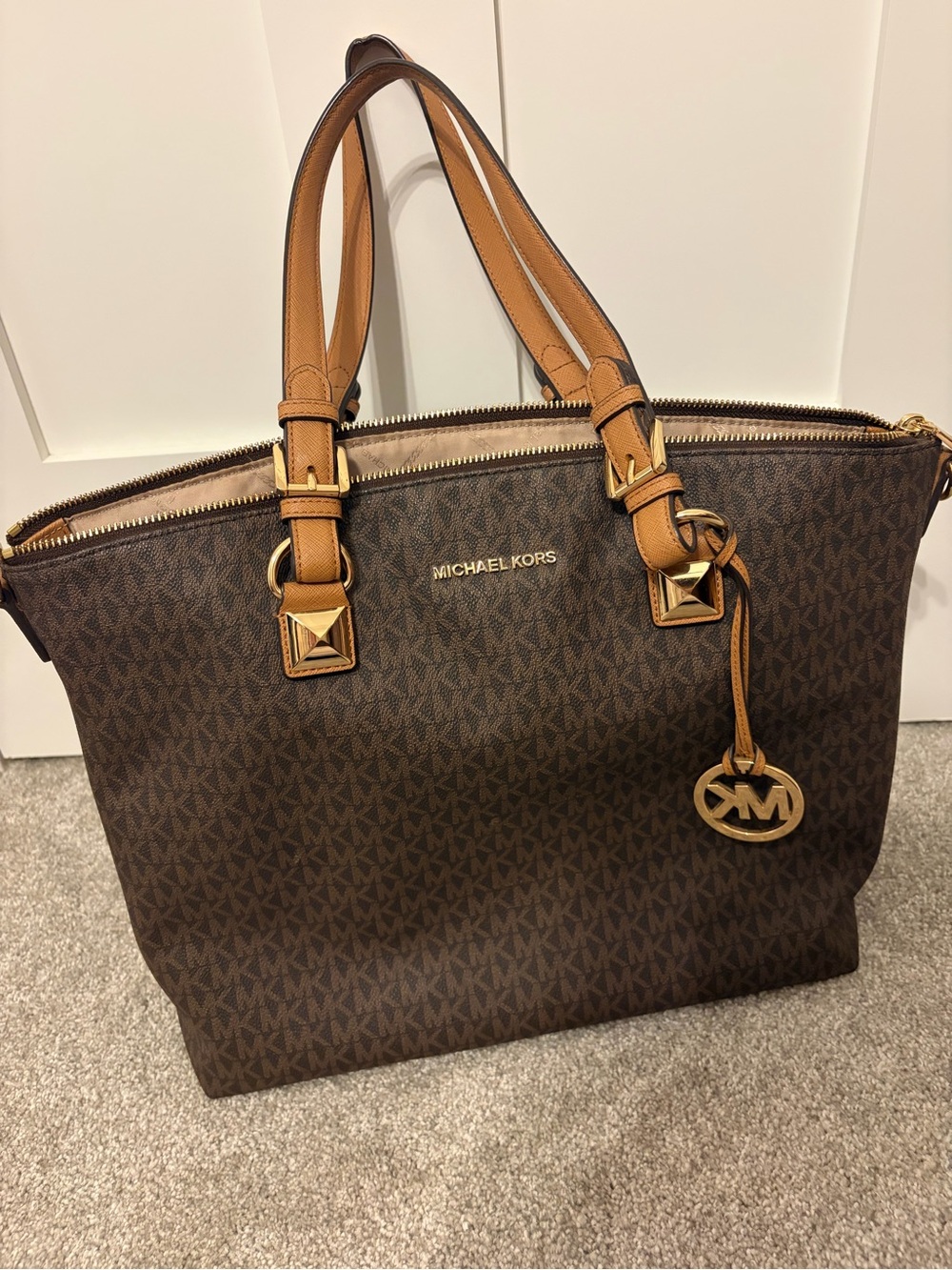 Michael Kors Brown Logo Tote with Tan Leather Handles
